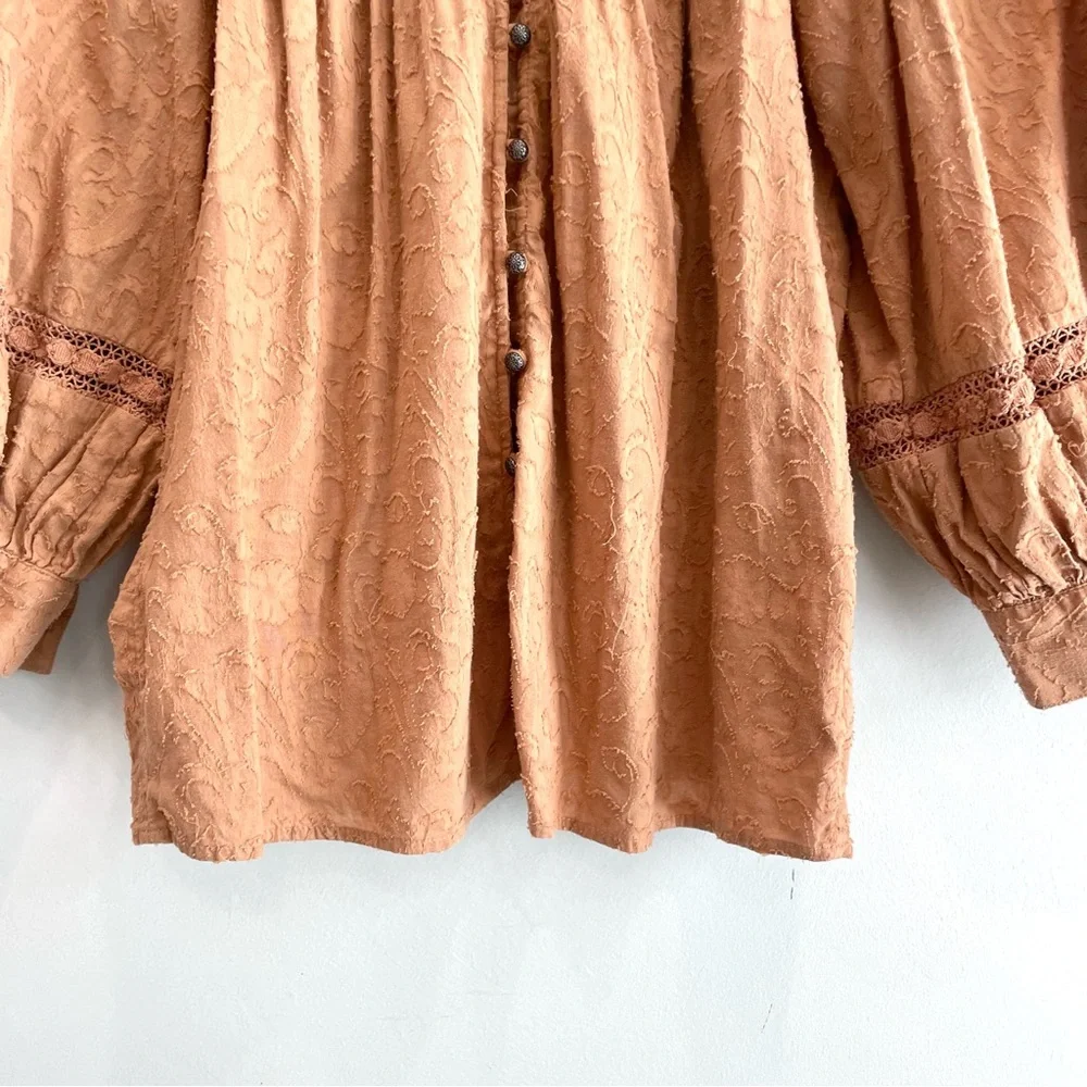 By Anthropologie Harmony Button Down Front Crochet Inset Puff Sleeve Top